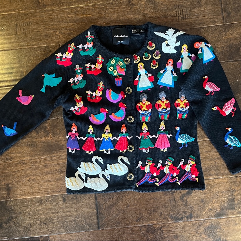 Vintage Michael Simon Black Cardigan with Colorful Embroidery